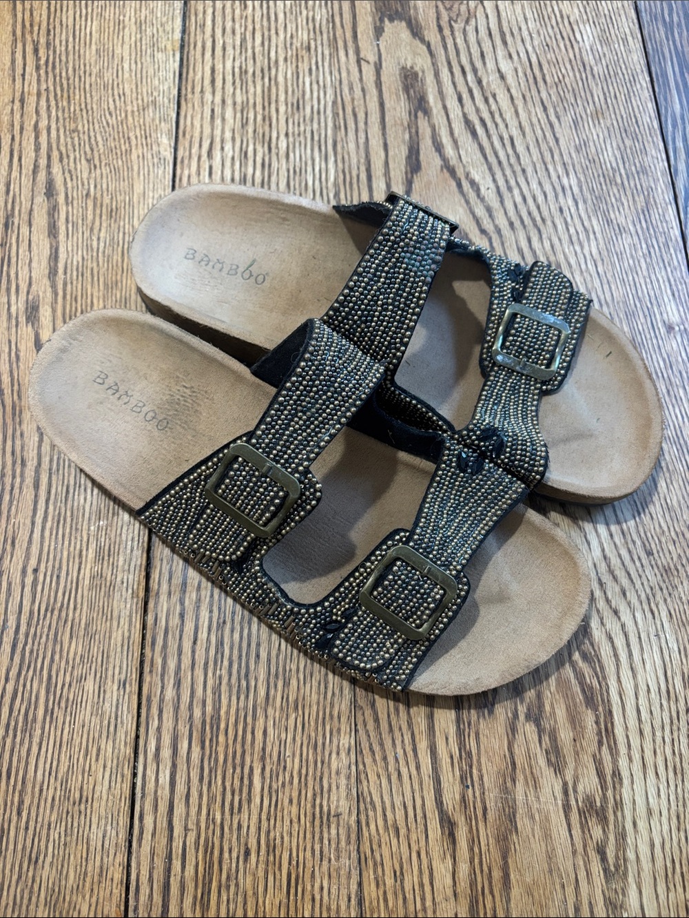 Bamboo Beaded Double-Buckle Slide Sandals - Black with Gold Accents